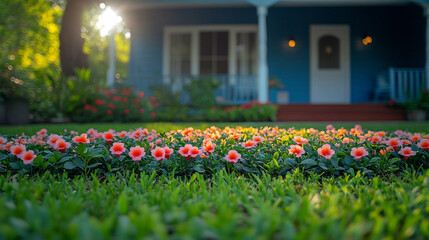 Obraz premium Charming Farmhouse with Yellow Flowers and a Steeple Featuring a Flowery Cottage Surrounded by Colorful Blooms Generative AI