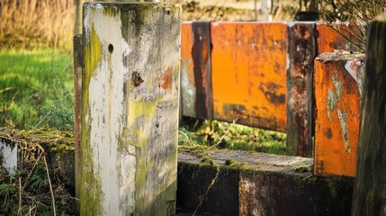 Vintage wooden barriers in an overgrown area
