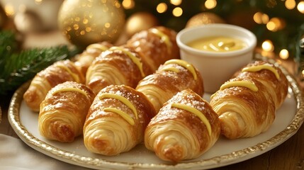Mini pigs in a blanket, wrapped in golden pastry and served with a side of tangy mustard dipping sauce on a festive platter