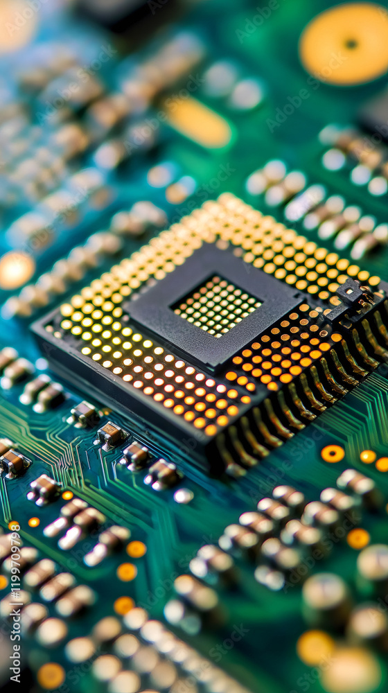 Poster Electronic circuit board with a cpu showing its golden pins and components, representing computer hardware, technology, and engineering