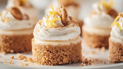 Closeup of individual brown sugar cheesecakes, topped with whipped cream, crushed ginger cookies, and a hint of lemon zest