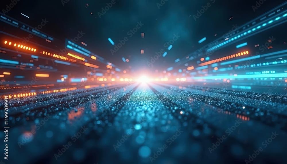 Poster Futuristic light beams and glowing trails in motion creating a tunnel effect with speed lines