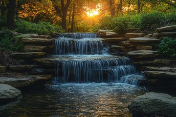 serene waterfall cascading through a lush park, surrounded by vibrant foliage and rocks, creating a tranquil atmosphere, with sunlight filtering through the trees, enhancing the peaceful scene