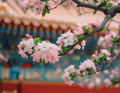 Pink blossoms, temple backdrop, spring bloom, travel.