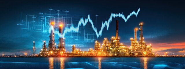 Dramatic night sky with oil price chart glowing over an industrial oil refinery skyline