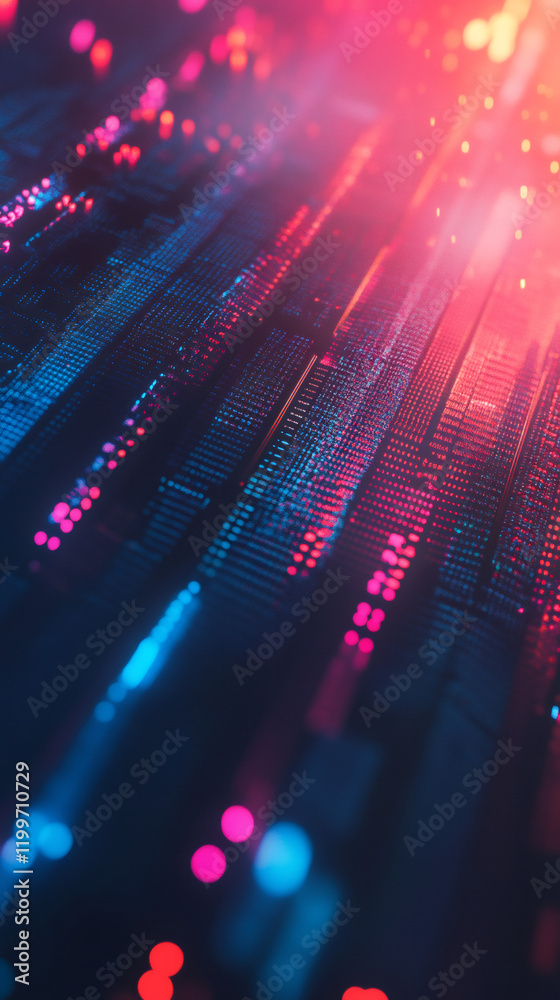 Poster flowing big data stream on a dark background, enhanced by vibrant blue and pink bokeh effects, creat