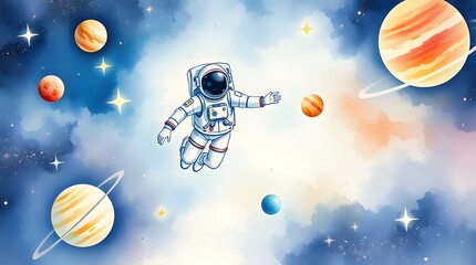 Fototapeta premium An astronaut, watercolor painting, space surrounded by planets and stars