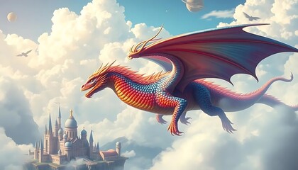 Majestic Dragon Soaring Above Fantasy Castle Artwork