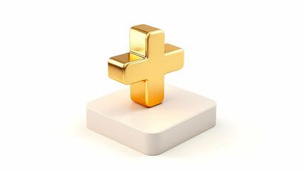 Naklejka premium A 3D rendering shows a shiny gold plus sign or cross icon standing on a small offwhite square pedestal against a white background.
