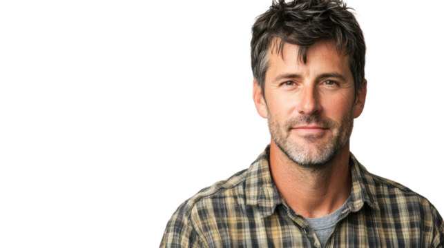 Confident man with a beard wearing a plaid shirt, smiling against a white isolated background.