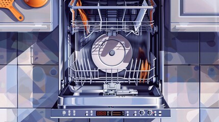 Professional Above View of Open Clean Empty Dishwasher Machine in Cartoon Style