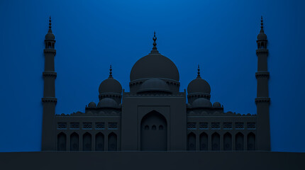 Obraz premium 3d illustration of mosque on blue background. 3d rendering. Modern mosque art with layered towers and contrasting deep blue background
