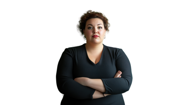 Confident woman standing with arms crossed, wearing a black outfit, showing strength and determination against a neutral background.