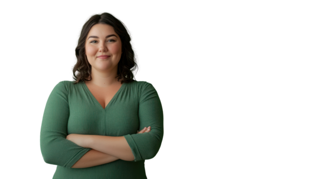 A confident woman standing with arms crossed, smiling, showcasing a blend of self-assurance and approachability, isolated on a white background.