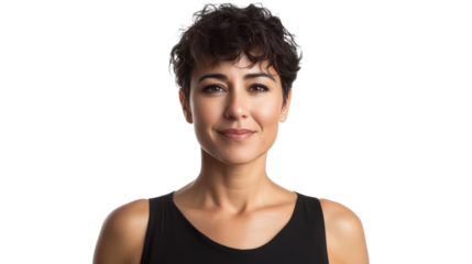 Confident woman with short hair, smiling softly against a white background, representing empowerment and approachability.