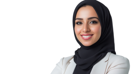 Confident woman wearing hijab, smiling and looking at the camera, presenting a professional attitude and approach in a business context.