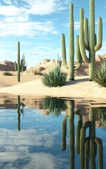 A clean and simple background, a desert with cacti, sand on the ground, rocks, a blue sky, a desert landscape, 
