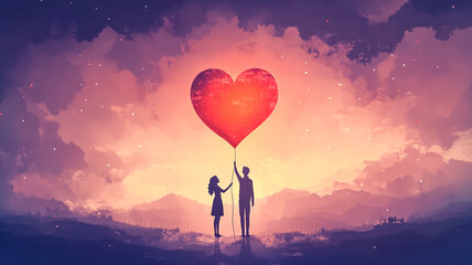 Obraz premium A couple stands hand-in-hand, gazing towards a massive red heart suspended in the sky, symbolizing their shared love and dreams under a vibrant sunset.