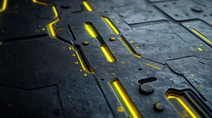 Fototapeta premium A close-up of a textured dark surface featuring glowing yellow lines, resembling a futuristic or high-tech design.