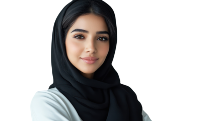 A confident woman wearing a black hijab, showcasing a warm smile and an empowering presence, isolated on a clean white background.