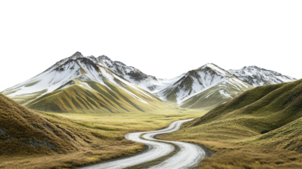 Dirt road winding through a lush green grassy field under a clear blue sky isolated on a white background.