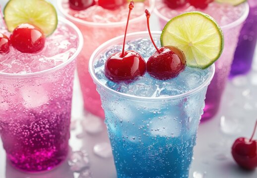 Refreshing Colorful Drinks with Bubbles and Garnishes Served in Plastic Cups for a Fun Summer Party or Celebration