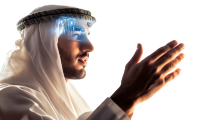 A man in traditional attire with a futuristic touch, showcasing a blend of culture and advanced technology, set against a white background.