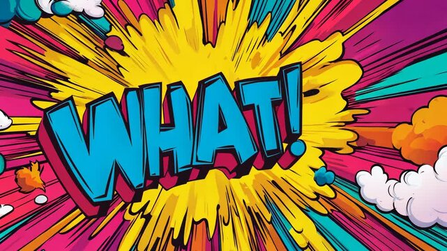 Pop art What! text. Colorful background in pop art retro comic style. Pop art animation video.