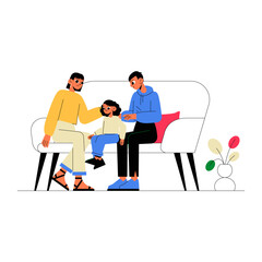 Fototapeta premium Family Sitting On A Sofa With A Child In Flat Vector Illustration Symbolizing Parenting, Comfort, And Togetherness, Isolated On White Background.