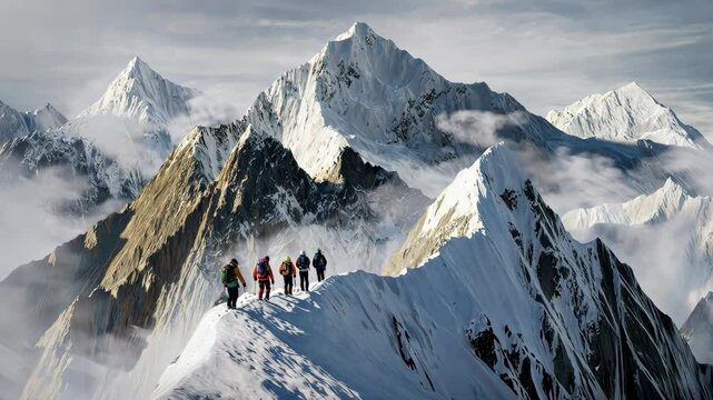Aerial photography of climbers standing on the top of the mountain [4K]