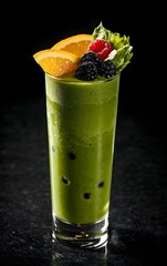 Matcha smoothie in a tall glass, garnished with slices of orange, berries, and a drizzle of honey