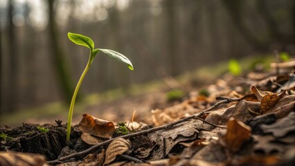 New plant sprouting from the forest floor covered in leaves