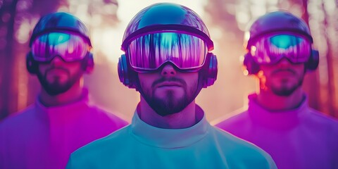 Three individuals wearing futuristic helmets and sunglasses, set against a colorful, blurred forest background. Concept Futuristic Fashion, Helmet Styles, Sunglasses Trend, Colorful Backgrounds