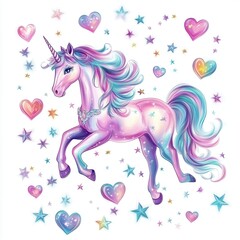 Fototapeta premium Unicorn stars and hearts background, fantasy elements, gradient sparkles, dreamy magical art, isolated on white background