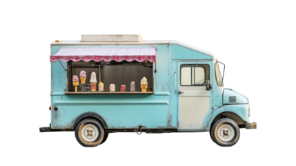 Classic vintage ice cream truck with colorful ice cream displays on a white isolated background.