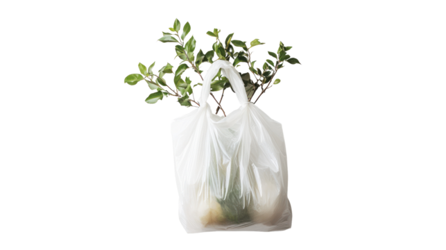 A white plastic bag filled with fresh vegetables and sprouting greenery, emphasizing eco-friendly shopping and sustainability.