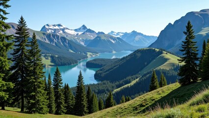 A serene expanse of deep teal water meanders through a majestic, forest-clad mountain range under a vast sky, blending nature's tranquility with rugged beauty.  