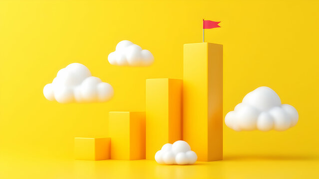 3D render of an ascending yellow bar graph reaching a peak with a red flag, accompanied by fluffy white clouds against a vibrant yellow backdrop, symbolizing growth, achievement, and success.