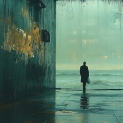 Man, stormy sea, weathered building, solitude.