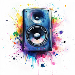 Watercolor music speaker, a Bluetooth  audio electronics, watercolor illustration, lively tones, isolated on white background 