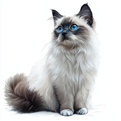 Fototapeta premium Fluffy Birman cat with striking blue eyes, sitting gracefully on white background