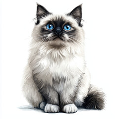 Obraz premium Fluffy Birman cat with striking blue eyes, sitting gracefully on white background