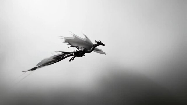 Scene of dragon flying above the clouds, smooth repeating motion for background video animation.