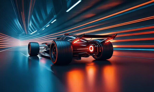 Futuristic racecar speeding neon tunnel, motion blur