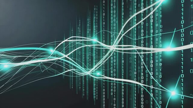 Abstract Data Flow: A mesmerizing digital abstract with glowing turquoise lines interweaving through a backdrop of cascading binary code.