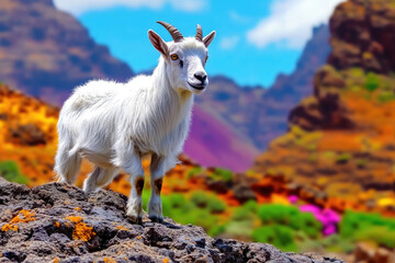 Obraz premium animal habitat animal rights Concept A white goat stands on rocky terrain, surrounded by vibrant, colorful mountains and greenery.