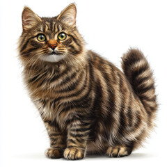 Fototapeta premium Fluffy striped cat with bright eyes sitting gracefully on white background