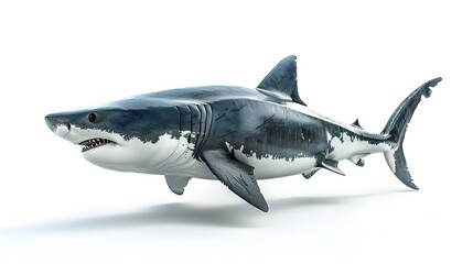 Fototapeta premium Great white shark, realistic, 3D render, detailed texture, metallic sheen, sleek design, dynamic pose, underwater predator, hyper-realistic, studio lighting, high contrast, marine biology illustration