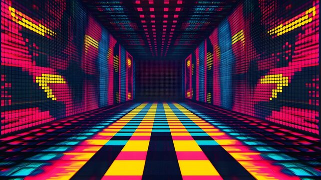 Retro futuristic dance floor, neon lights, colorful checkerboard pattern, sci-fi disco hallway, vibrant LED panels, 1980s aesthetic, geometric patterns, cyberpunk nightclub, infinite perspective