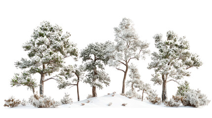 Group of snow-covered trees forming a picturesque winter scene, perfect for nature themed designs or seasonal decorations.